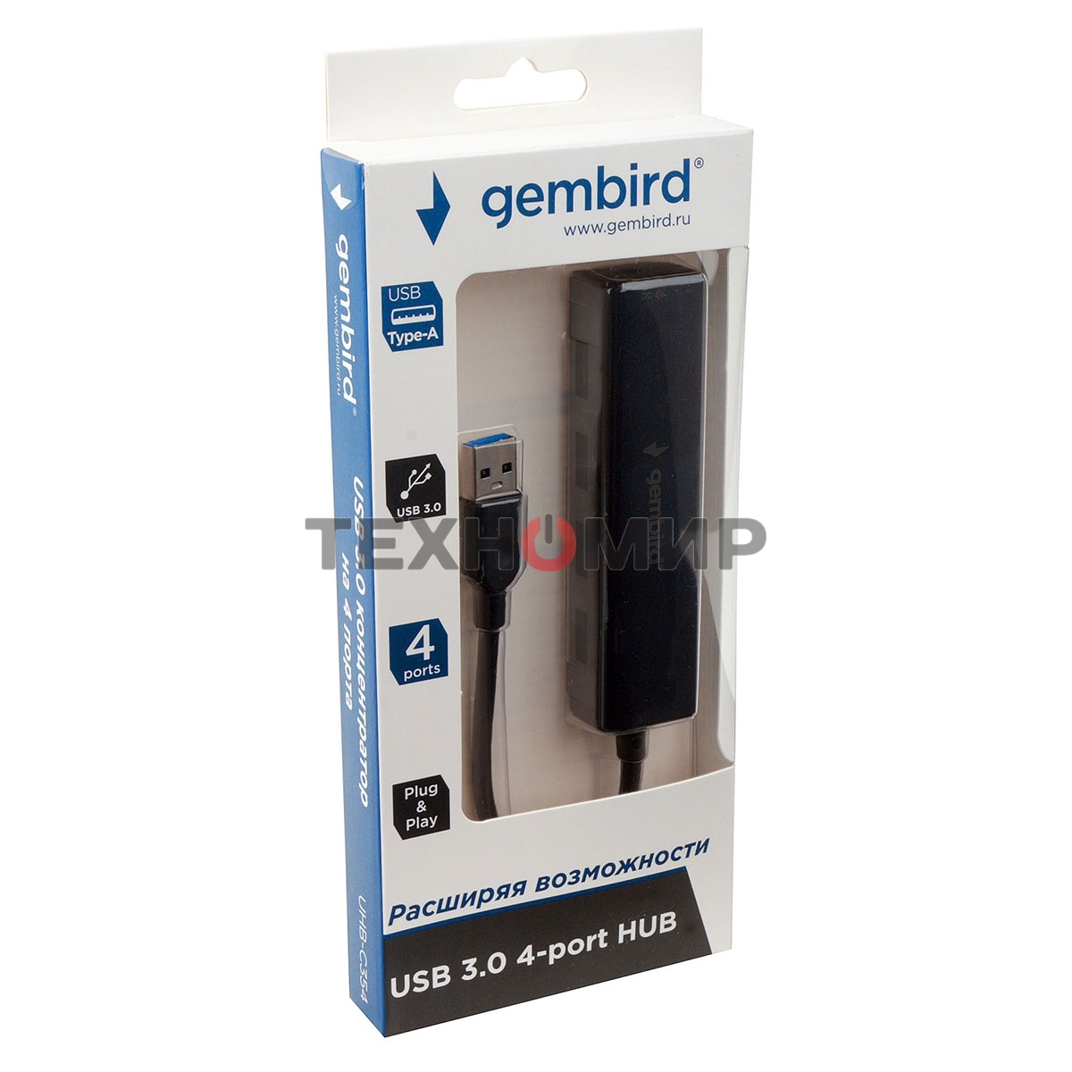 Концентратор USB 3.0 Gembird UHB-C354, 4 порта, с доп питанием