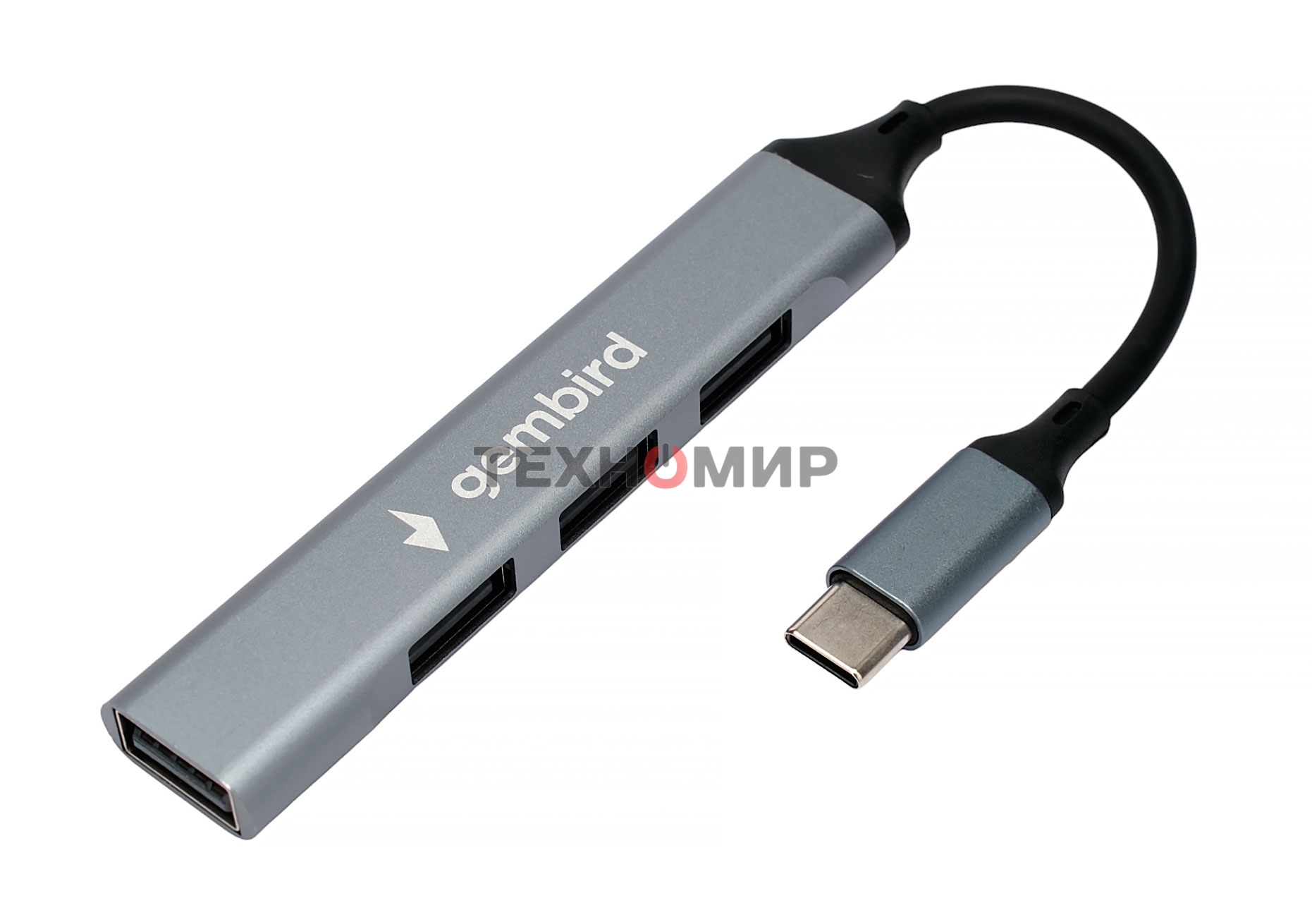 Разветвитель USB2.0 Gembird UHB-C201, 4xUSB2.0, кабель Type-C 10 см, алюминий, пакет