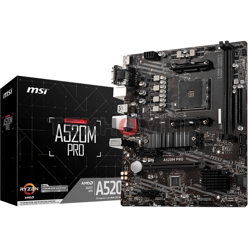 Материнская плата MSI A520M PRO, AM4, AMD A520, 2xDDR4, 4xSATA, 1xM.2, 1xPCIe 3.0 x16, 1xVGA, 1xDP, 1xHDMI, 1x 1Gb LAN, 2xUSB 2.0, 4xUSB 3.2 Gen 1, 3x3.5 мм, 7.1, mATX