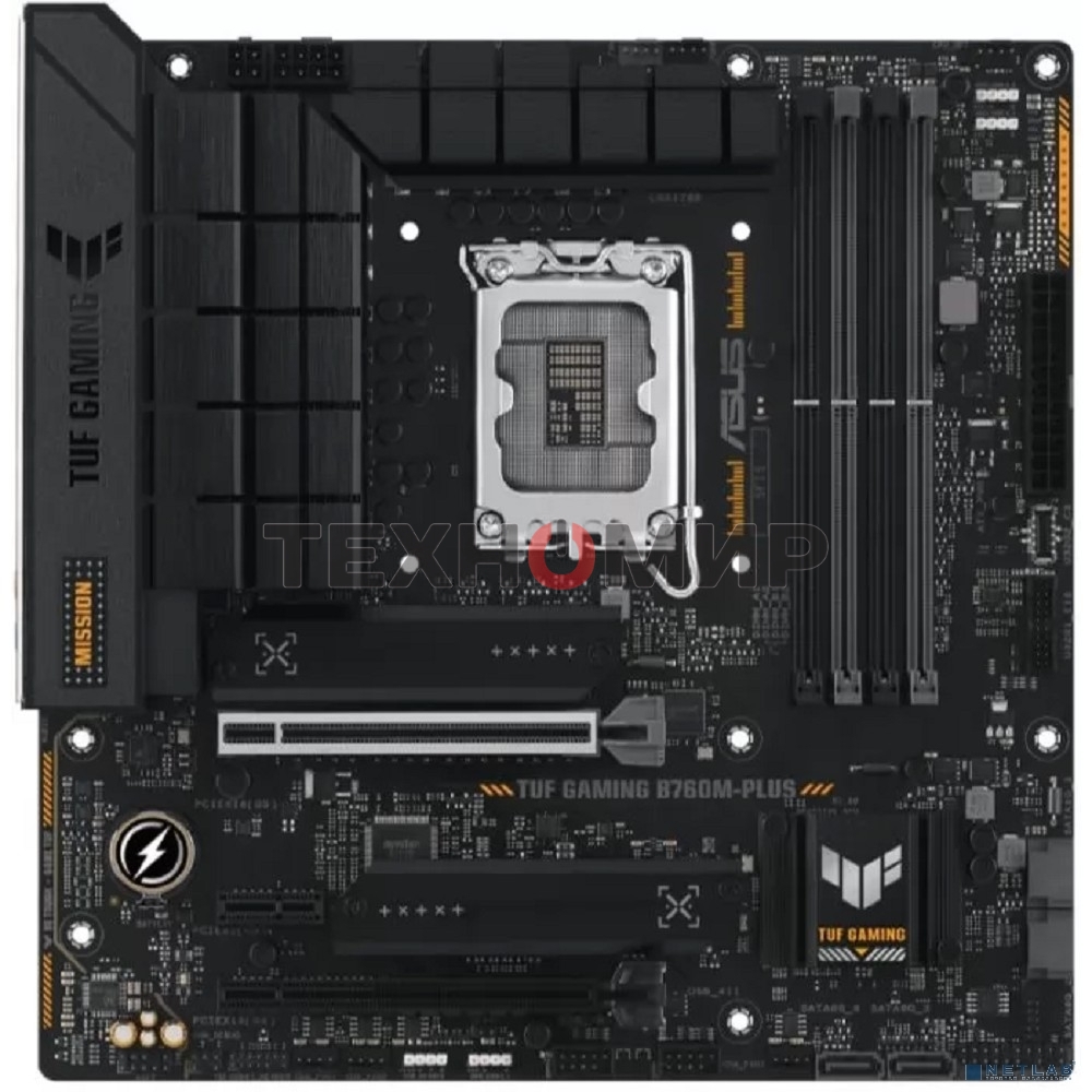 Материнская плата ASUS TUF GAMING B760M-PLUS, LGA 1700, Intel B760, 4xDDR5, 4xSATA, 2xM.2, 1xPCIe 5.0 x16, 1xPCIe 4.0 x4, 1xPCIe x1, 2xUSB-A 3.2 Gen 2, 3xUSB-A 3.2 Gen 1, 2xUSB 2.0, 1xUSB-C 3.2 Gen 2x2, 1x2.5Gb LAN, 5x3.5 мм, 7.1, mATX