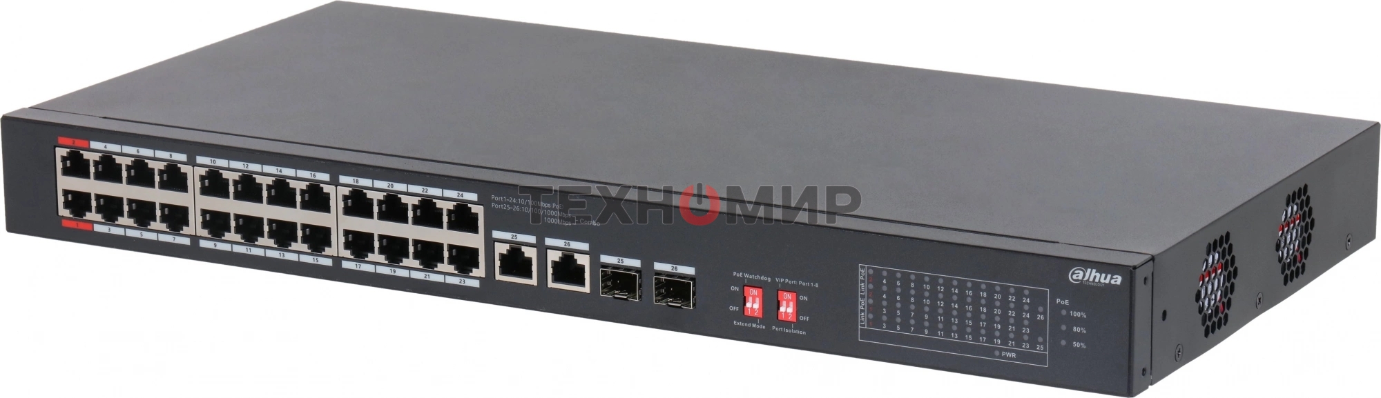 Коммутатор неуправляемый 24-портовый DAHUA DH-S3226-24ET-240 с РоЕ, 24xRJ45 100Mb PoE, 2хКомбо SFP/RJ45 1Gb uplink, суммарно 240Вт, коммутация 8.8 Гбит/с, MAC-таблица 8К