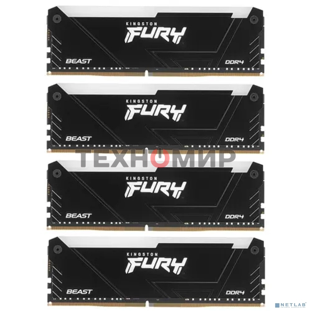 Оперативная память Kingston Fury Beast, DDR4, 32GB (4x8GB), 3200MHz, CL16, DIMM, с радиатором, RGB, черный