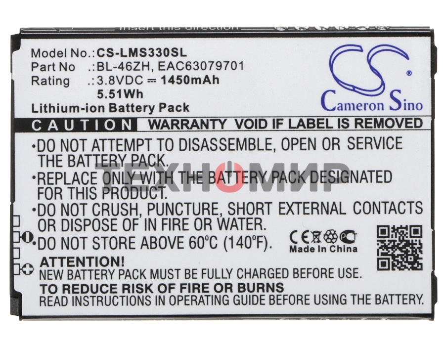 Аккумулятор CameronSino CS-LMS330SL BL-46ZH для LG AS330, AS3753.8V, 1450mAh, 5.51Wh