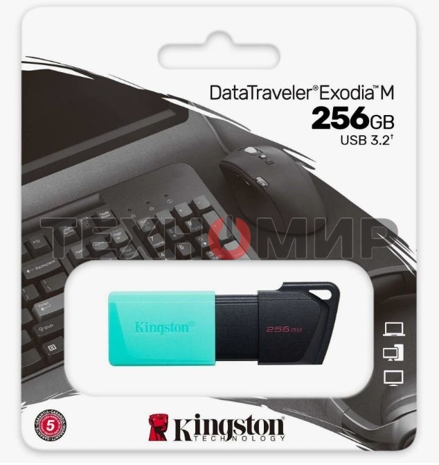 Флешка USB Kingston DataTraveler Exodia М (DTXM/256Gb), 256Gb, USB 3.2 Gen 1, R/W 150/60, черный/бирюзовый