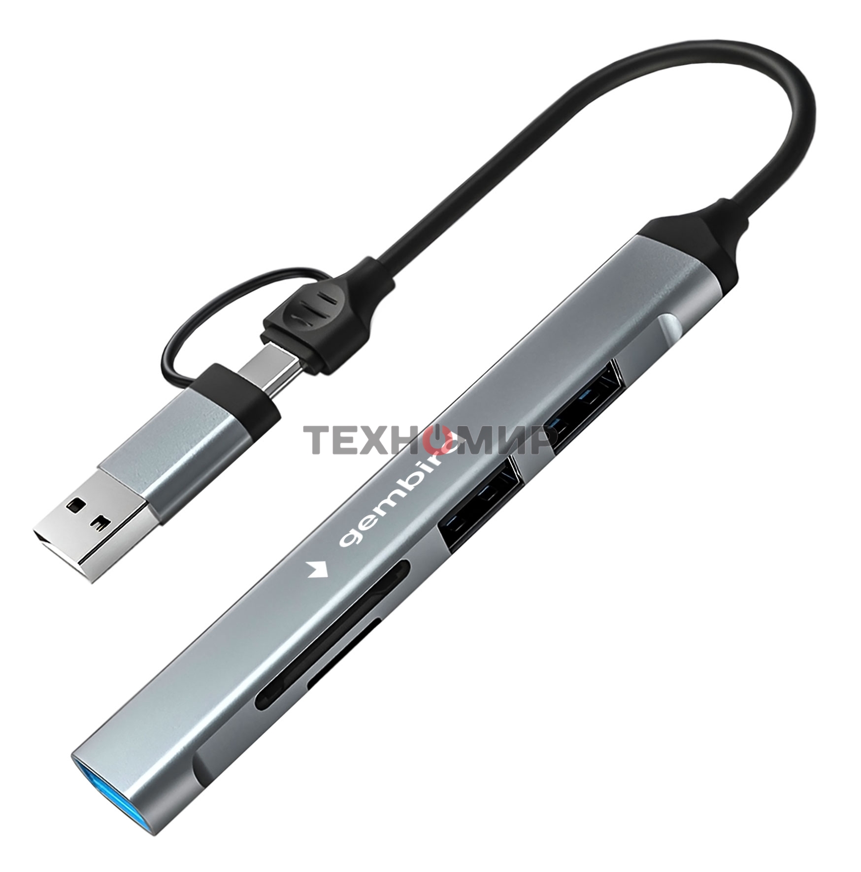 Кард-ридер Type-C/USB-A (3.1) Gembird 5в1: 2xUSB 2.0, USB3.1, SD/TF, кабель 10 см, алюминий