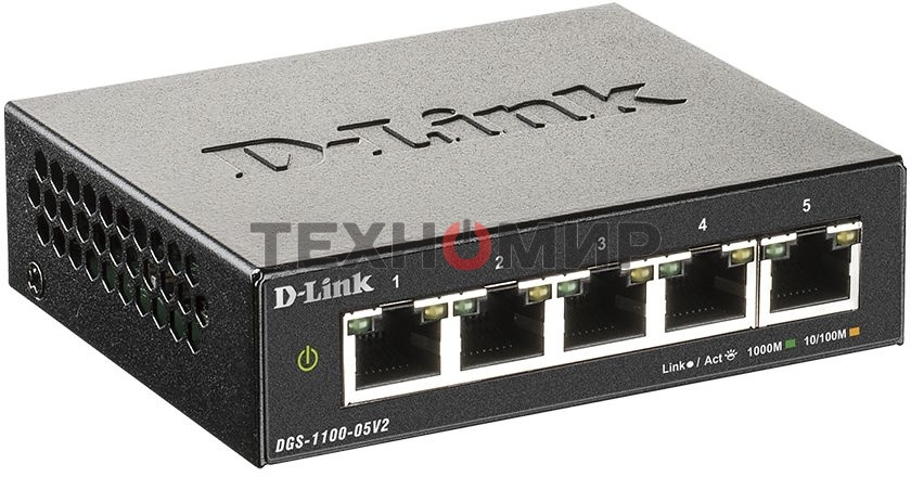 Коммутатор D-Link DGS-1100-05V2/A1A, L2 Smart Switch with 5 10/100/1000Base-T ports.8K Mac address, 802.3x Flow Control, Port Trunking, Port Mirroring, IGMP Snooping, 32 of 802.1Q VLAN, VID range 1-4094, Loopba