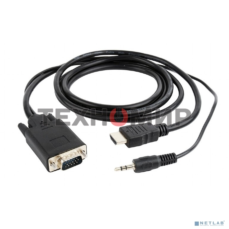 Кабель HDMI->VGA Cablexpert A-HDMI-VGA-03-5M, 19M/15M + 3.5Jack, медь, позол.разъемы, 5м, черный, пакет