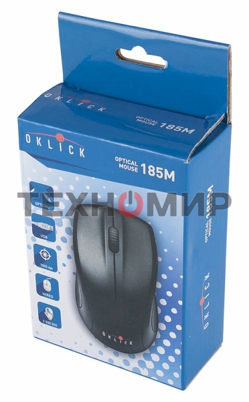 Мышь проводная Oklick 185M черный, 1200 dpi, USB, кнопки - 3