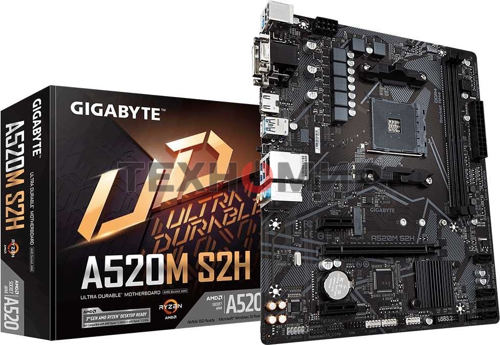 Материнская плата Gigabyte A520M S2H, AM4, AMD A520, 2xDDR4, 4xSATA, 1xM.2, 1xPCIe 3.0 x16, 2xPCIe x1, 1xHDMI, 1xDVI-D, 1xVGA, 1x 1Gb LAN, 4xUSB-A 3.2 Gen 1, 2xUSB-A 2.0, 3x3.5 мм, 7.1, mATX