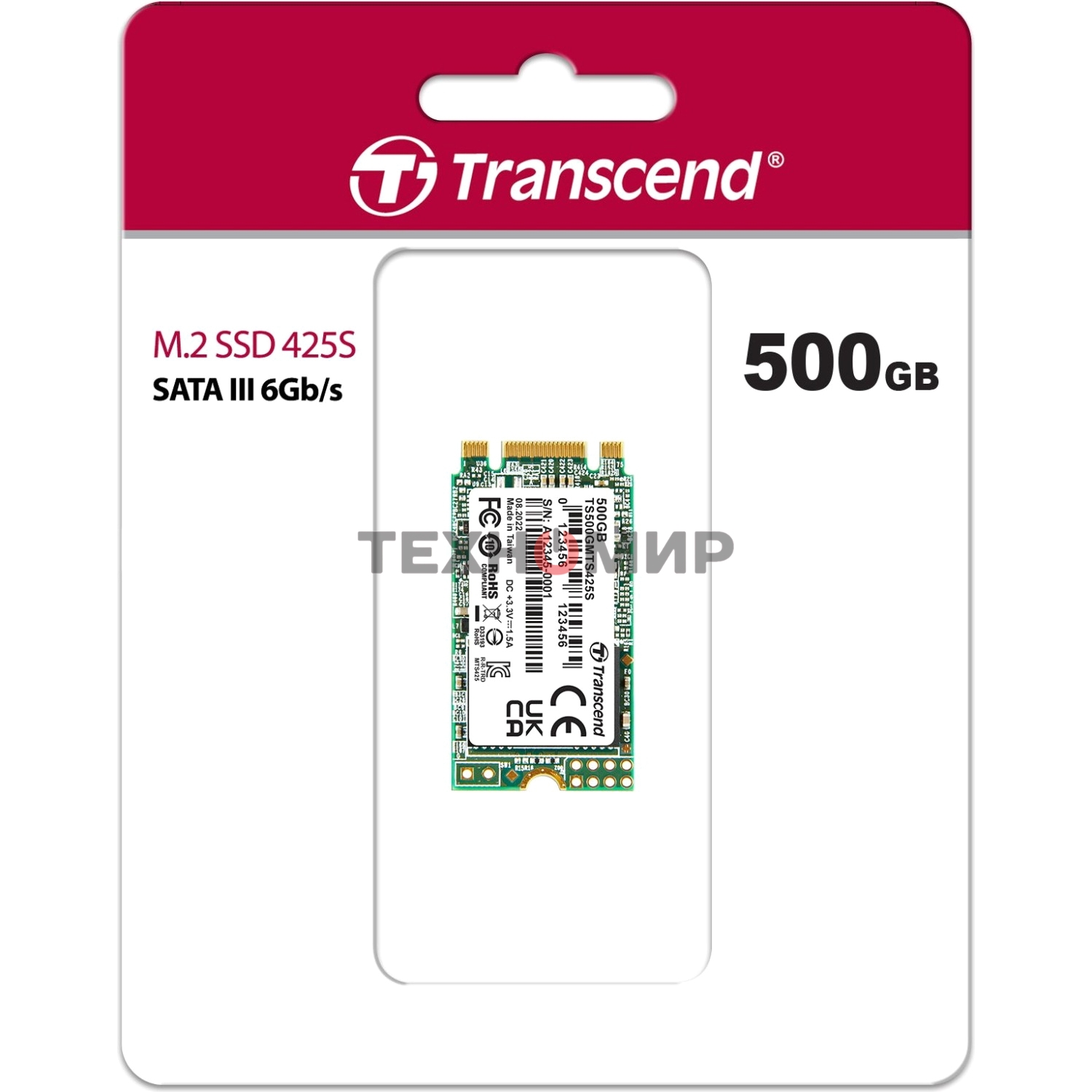 Накопитель SSD M.2 Transcend 500Gb MTS425 TS500GMTS425S (SATA3, up to 530/480MBs, 3D NAND, 180TBW, 22x42мм)