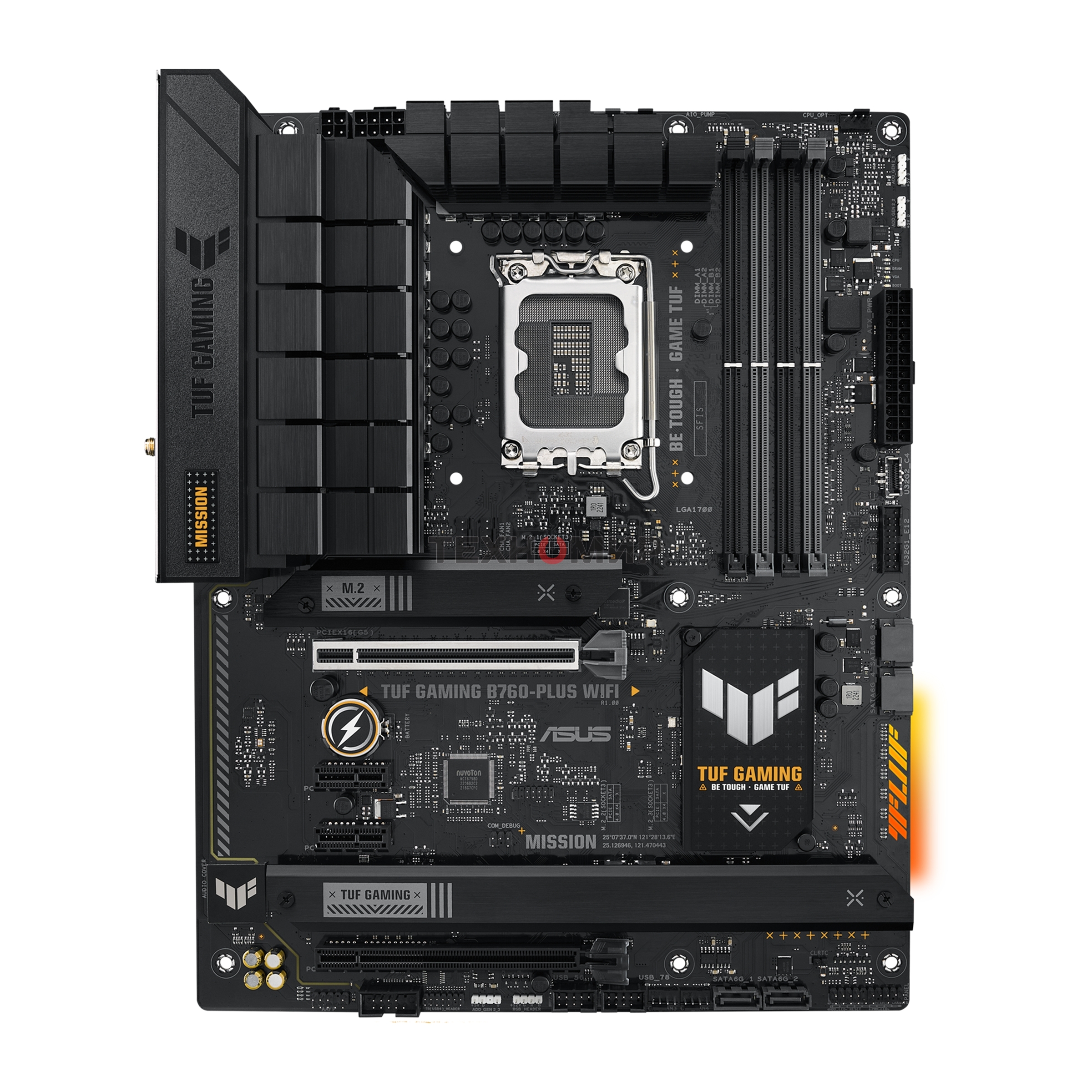Материнская плата ASUS TUF GAMING B760-PLUS WIFI, LGA 1700, Intel B760, 4xDDR5, 4xSATA, 3xM.2, 1xPCI-E 5.0 x16, 1xPCI-E 3.0 x4, 1xUSB-A 3.2 Gen 2, 3xUSB-A 3.2 Gen 1, 1xUSB-C 3.2 Gen 2x2, 1x2.5Gb LAN, 5x3.5 мм, 7.1, Wi-Fi 6, Bluetooth 5.2, Standard-ATX