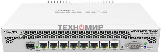 Маршрутизатор Mikrotik CCR1009-7G-1C-PC with Tilera Tile-Gx9 CPU (9-cores, 1Ghz per core), 1Gb RAM, 7xGbit LAN, 1x Combo port (1xGbit LAN or SFP), RouterOS L6, passive cooling desktop enclosure, rackmount ears, PSU