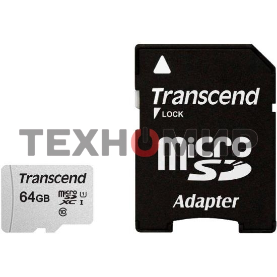 Флеш карта Micro SecureDigital 64Gb Transcend Class 10 TS64GUSD300S-A MicroSDXC Class 10 UHS-I, SD adapter