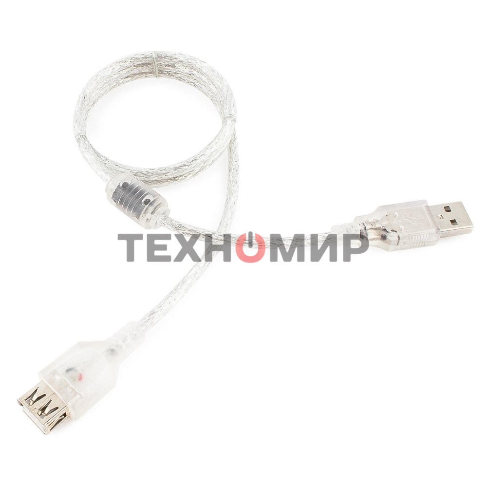 Кабель-удлинитель USB2.0 Pro Cablexpert CCF-USB2-AMAF-TR-0.75M, AM/AF, 0,75м, экран, 2феррит.кольца, прозрачный, пакет
