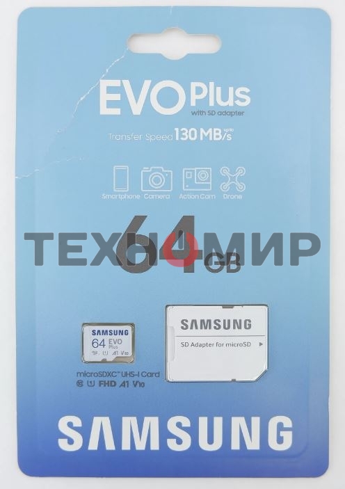 Флеш карта microSDXC 64GB Samsung EVO Plus Memory Card Samsung UHS-I U1 Class 10, Adapter, 130 MB/s, 10000 циклов, - 25°C to 85°C, RTL Samsung MB-MC64KA