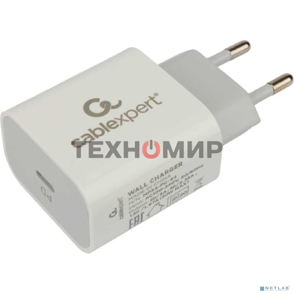 Сетевое зарядное устройство Cablexpert 20Вт, 3А, QC3.0/PD, 1xType-C, белый, пакет
