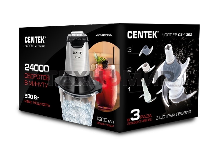 Чоппер Centek CT-1392 Сталь 600Вт 6 лезвий, стеклянная чаша 1,2л, разборные ножи