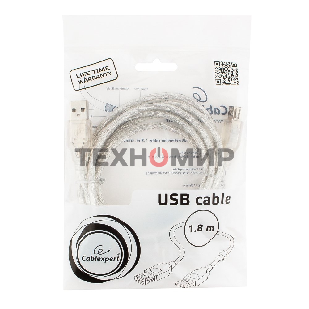 Кабель-удлинитель USB2.0 Pro Cablexpert CCF-USB2-AMAF-TR-6, AM/AF, 1,8м, экран, 2феррит.кольца, прозрачный, пакет