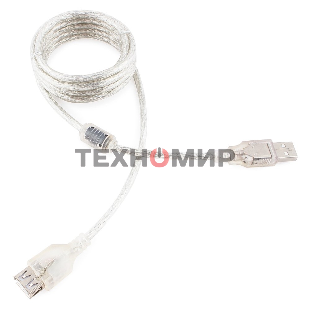 Кабель-удлинитель USB2.0 Pro Cablexpert CCF-USB2-AMAF-TR-2M, AM/AF, 2м, экран, 2феррит.кольца, прозрачный, пакет