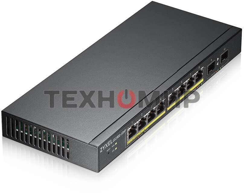 Коммутатор Smart L2 PoE+ Zyxel GS1900-10HP, 8xGE PoE+, 2xSFP, настольный, бесшумный, бюджет PoE 77 Вт