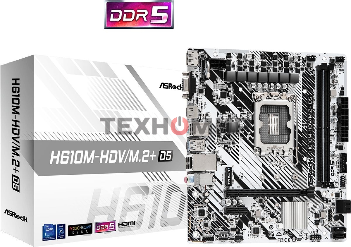 Материнская плата ASRock H610M-HDV/M.2+ D5, LGA 1700, Intel H610, 2xDDR5, 4xSATA, 1xM.2, 1xPCI-E 4.0 x16, 1xPCI-E x1, 1xDP, 1xHDMI, 1xVGA, 1x 1Gb LAN, 1xUSB-C 3.2 Gen 1, 1xUSB-A 3.2 Gen 1, 4xUSB 2.0, 3x3.5 мм, 7.1, Micro-ATX