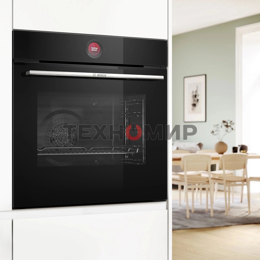 Встраиваемый духовой шкаф с 14 режимами нагрева,контроль температуры от 30 °C до 300 °C,объем 71 л,Eco Clean Direct,TFT сенсорный дисплей,дверь с SoftClose и SoftOpen, Bosch Assist,система очистки пиролитическая,черный