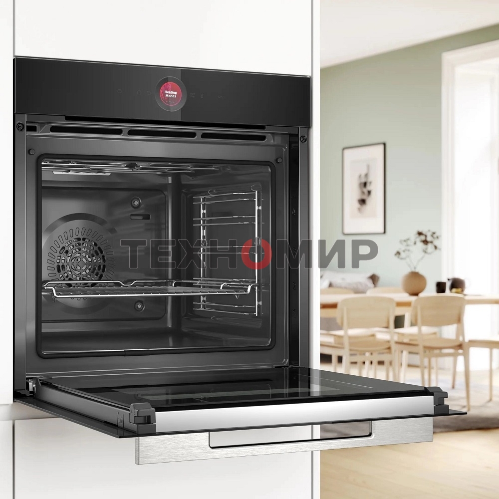 Встраиваемый духовой шкаф с 14 режимами нагрева,контроль температуры от 30 °C до 300 °C,объем 71 л,Eco Clean Direct,TFT сенсорный дисплей,дверь с SoftClose и SoftOpen, Bosch Assist,система очистки пиролитическая,черный