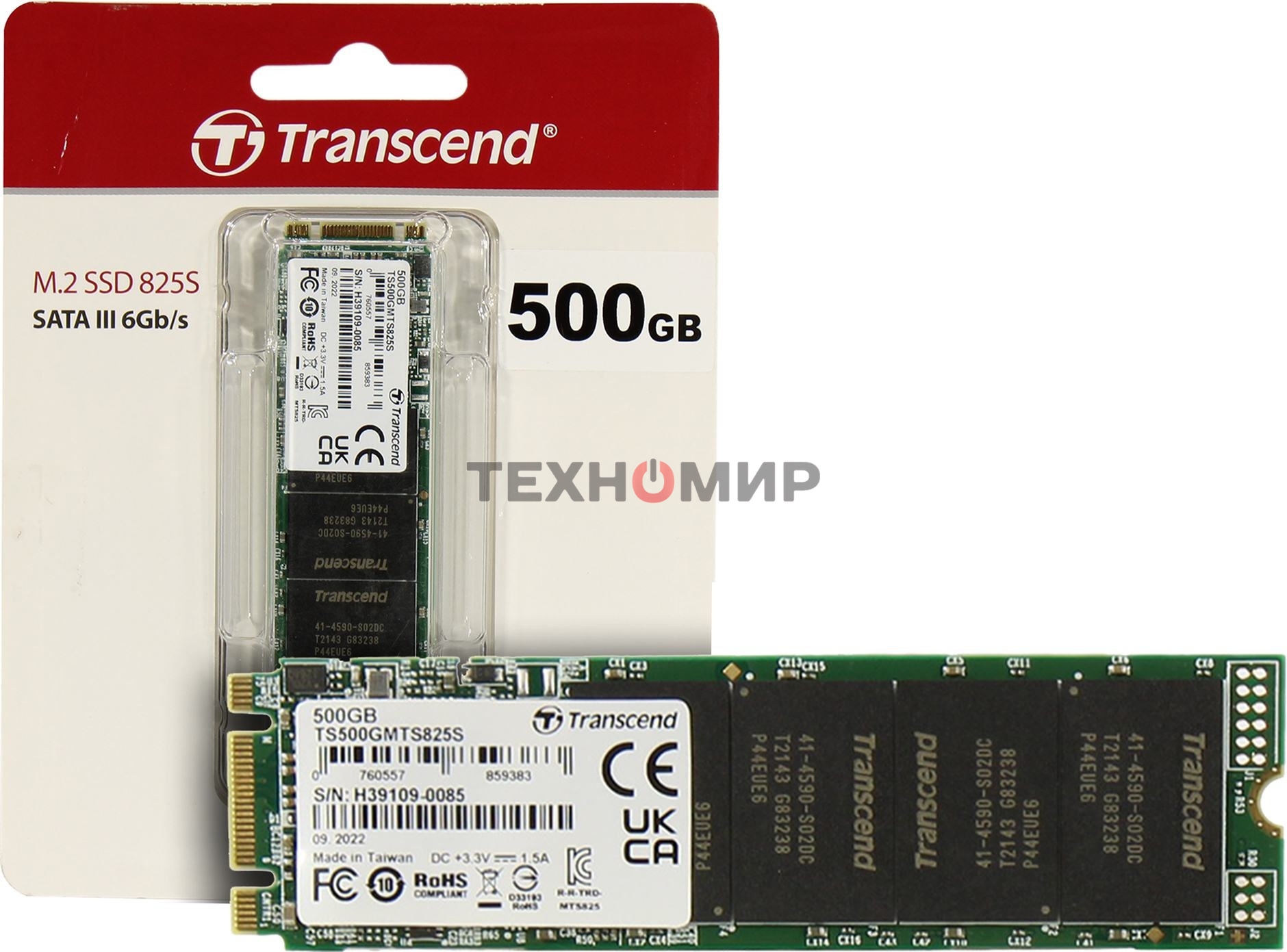 Накопитель SSD M.2 Transcend 500Gb MTS825 TS500GMTS825S (SATA3, up to 530/480MBs, 3D NAND, 180TBW, 22x80мм)