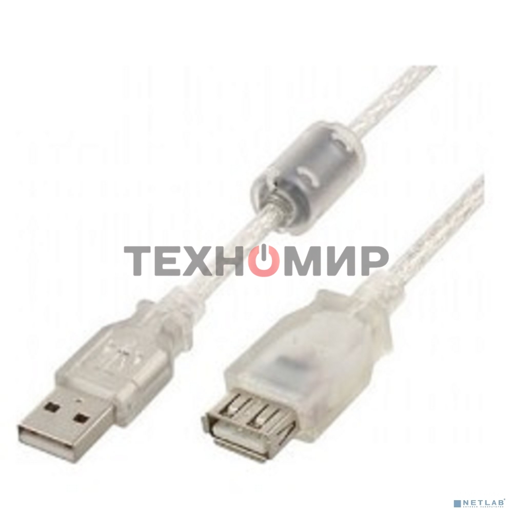 Кабель-удлинитель USB2.0 Pro Cablexpert CCF-USB2-AMAF-TR-6, AM/AF, 1,8м, экран, 2феррит.кольца, прозрачный, пакет