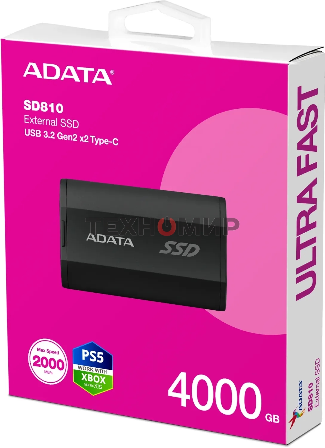 Внешний SSD ADATA SD810, 4TB, USB 3.2 Gen 2x2 Type-C, R/W 2000/2000, черный