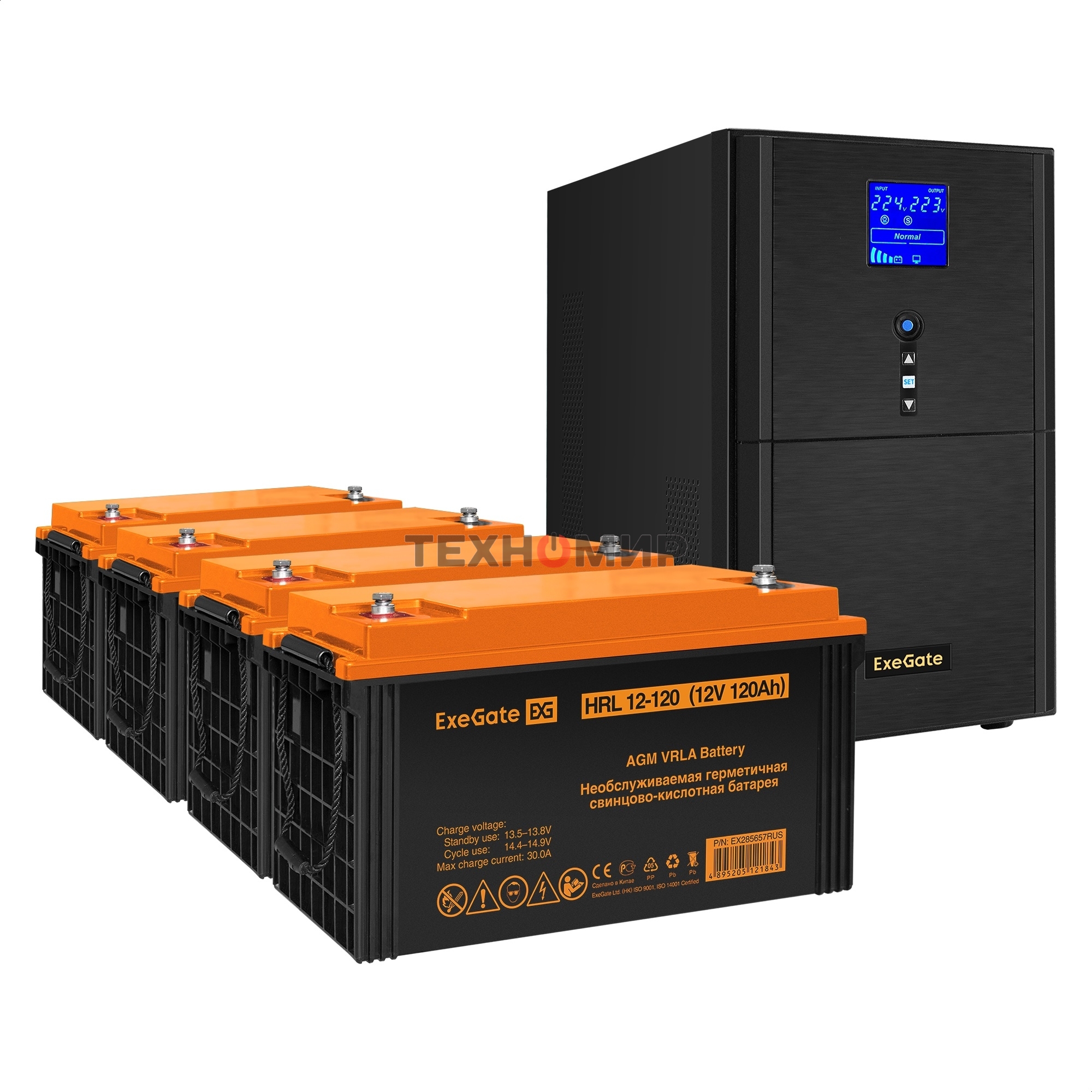 Комплект Источник бесперебойного питания EX295990RUS + батарея 120Aч EX285657RUS 4шт ExeGate SineTower SZ-3000.LCD.AVR.3SH.1C13.RJ.USB + батарея ExeGate HRL 12-120 4шт