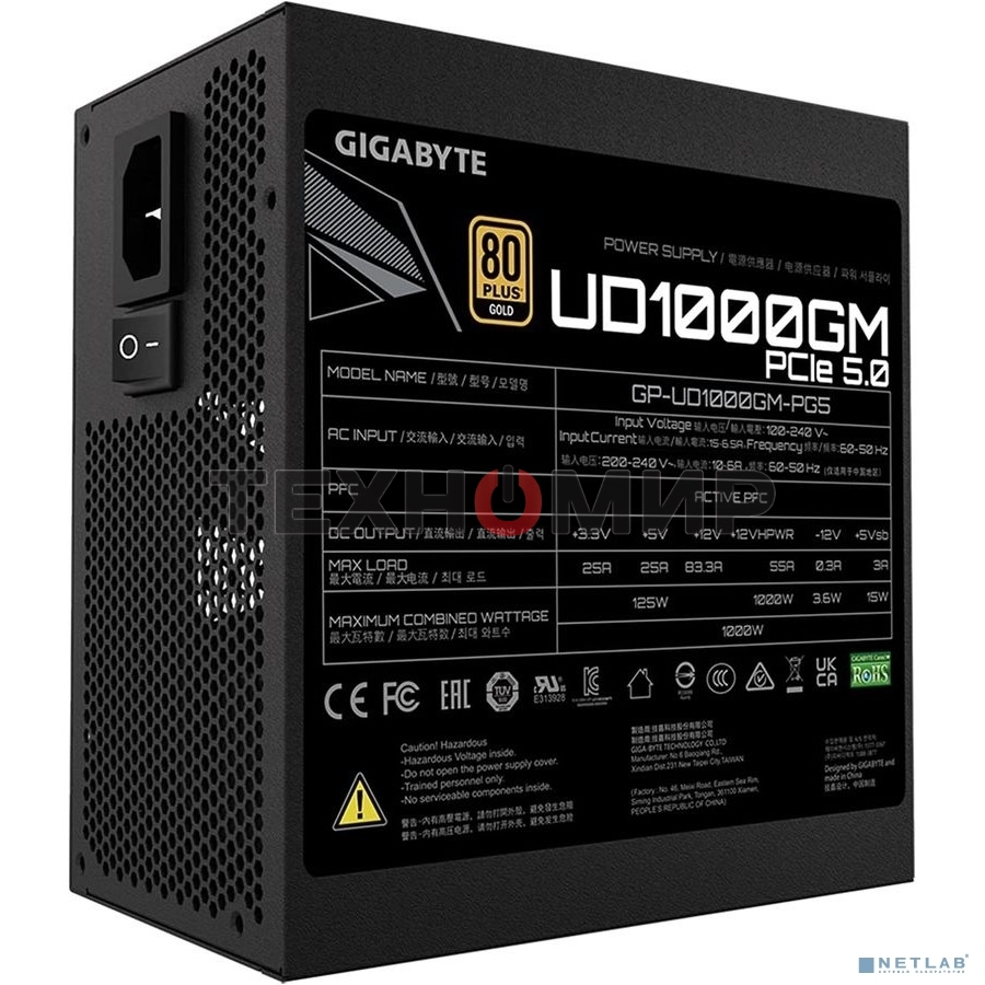 Блок питания Gigabyte ATX 1000W GP-UD1000GM 80 PLUS gold (24+4+4pin) APFC 120mm fan 8xSATA Cab Manag RTL