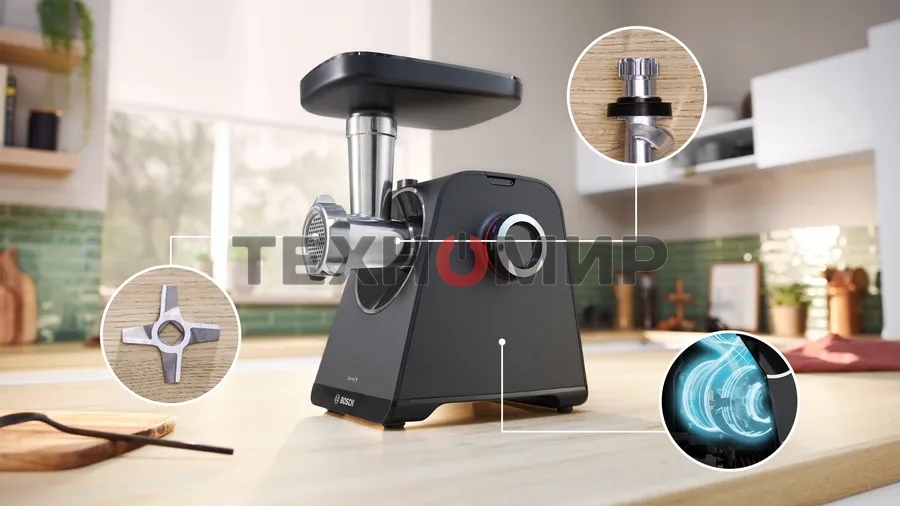 Мясорубка электрическая Bosch MFWS440B черный, 1900 Вт, 2.5 кг/мин, реверс, защита от перегрузки, насадки - 7