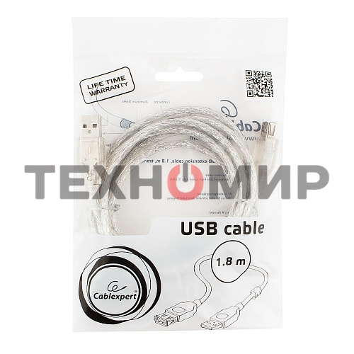 Кабель-удлинитель USB2.0 Pro Cablexpert CCF-USB2-AMAF-TR-6, AM/AF, 1,8м, экран, 2феррит.кольца, прозрачный, пакет