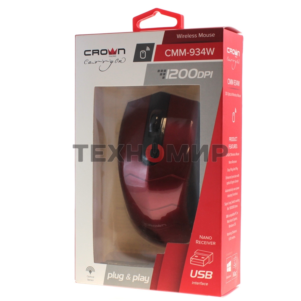 Мышь беспроводная Crown CMM-934W красный/черный, 1200 dpi, радиоканал, USB, кнопки - 4