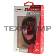 Мышь беспроводная Crown CMM-934W красный/черный, 1200 dpi, радиоканал, USB, кнопки - 4
