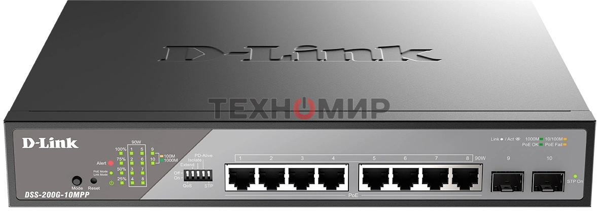 Коммутатор сетевой Smart L2 Surveillance Switch 8х1000Base-T PoE 802.3bt 90W, 2x1000Base-X SFP, PoE Budget 242W, Long-range PoE up to 250m