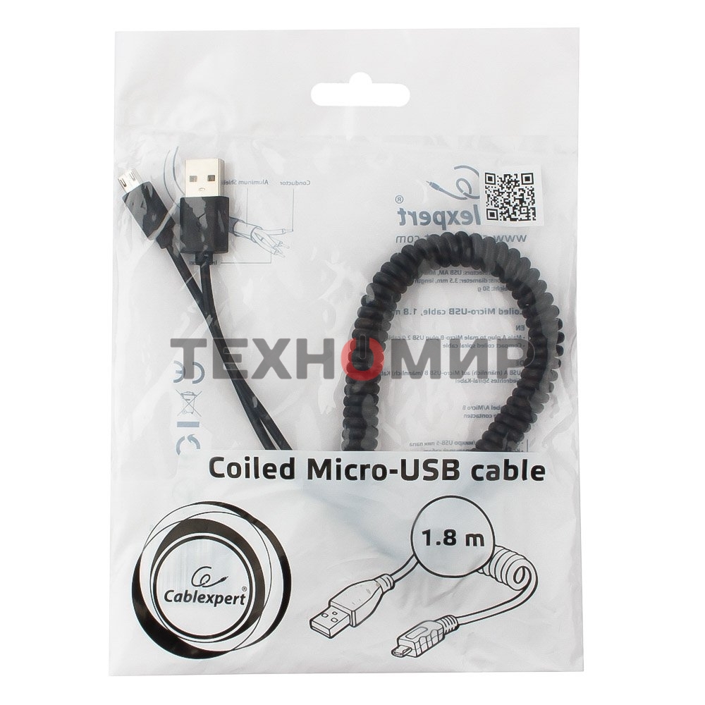 Кабель Cablexpert USB2.0 Pro, AM/microBM 5P, 1.8м, витой, черный, пакет (CC-mUSB2C-AMBM-6)