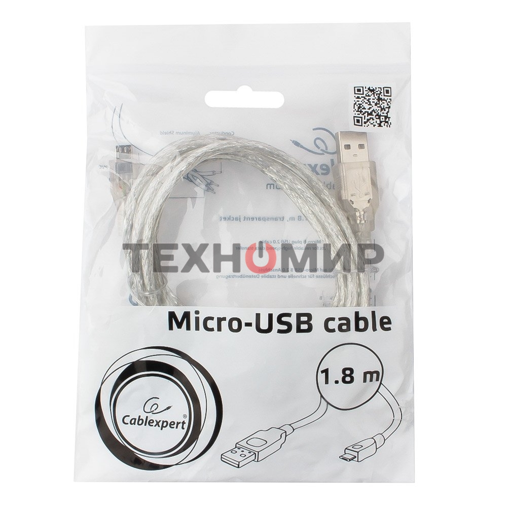 Кабель Cablexpert USB2.0 Pro, AM/microBM, 1,8м, экран, феррит.кольцо, прозрачны (CCP-mUSB2-AMBM-6-TR)