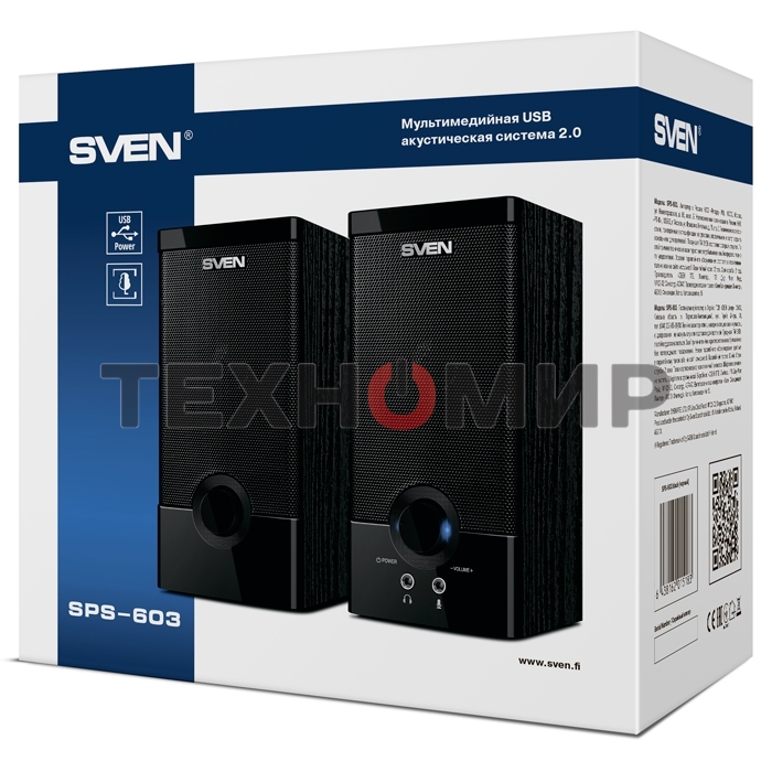 Колонки Sven SPS-603 черный USB-порт ПК, ноутбука или адаптер 5V DC
