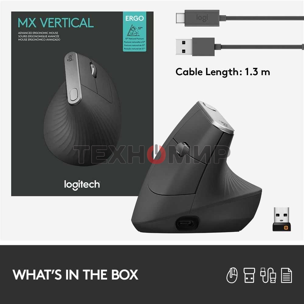 Мышь беспроводная/проводная Logitech MX Vertical графитовый, 4000 dpi, радиоканал, Bluetooth, USB, кнопки - 6