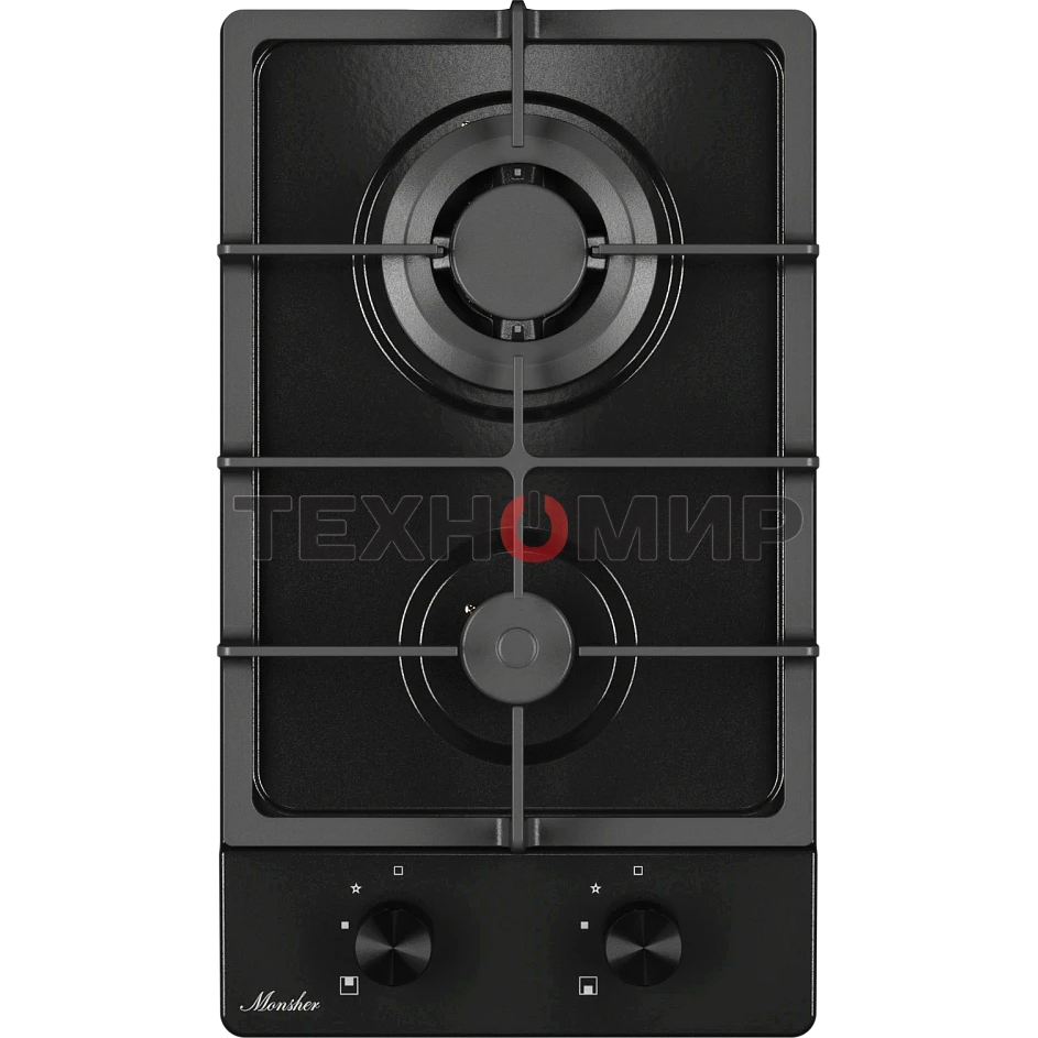 Газовая варочная панель Monsher MSG 33 Noir, газ, High-Tech, 29 см, автоматический электроподжиг, газ-контроль, форсунки под сжиженый газ, SABAF конфорки, чугунные решетки, черный