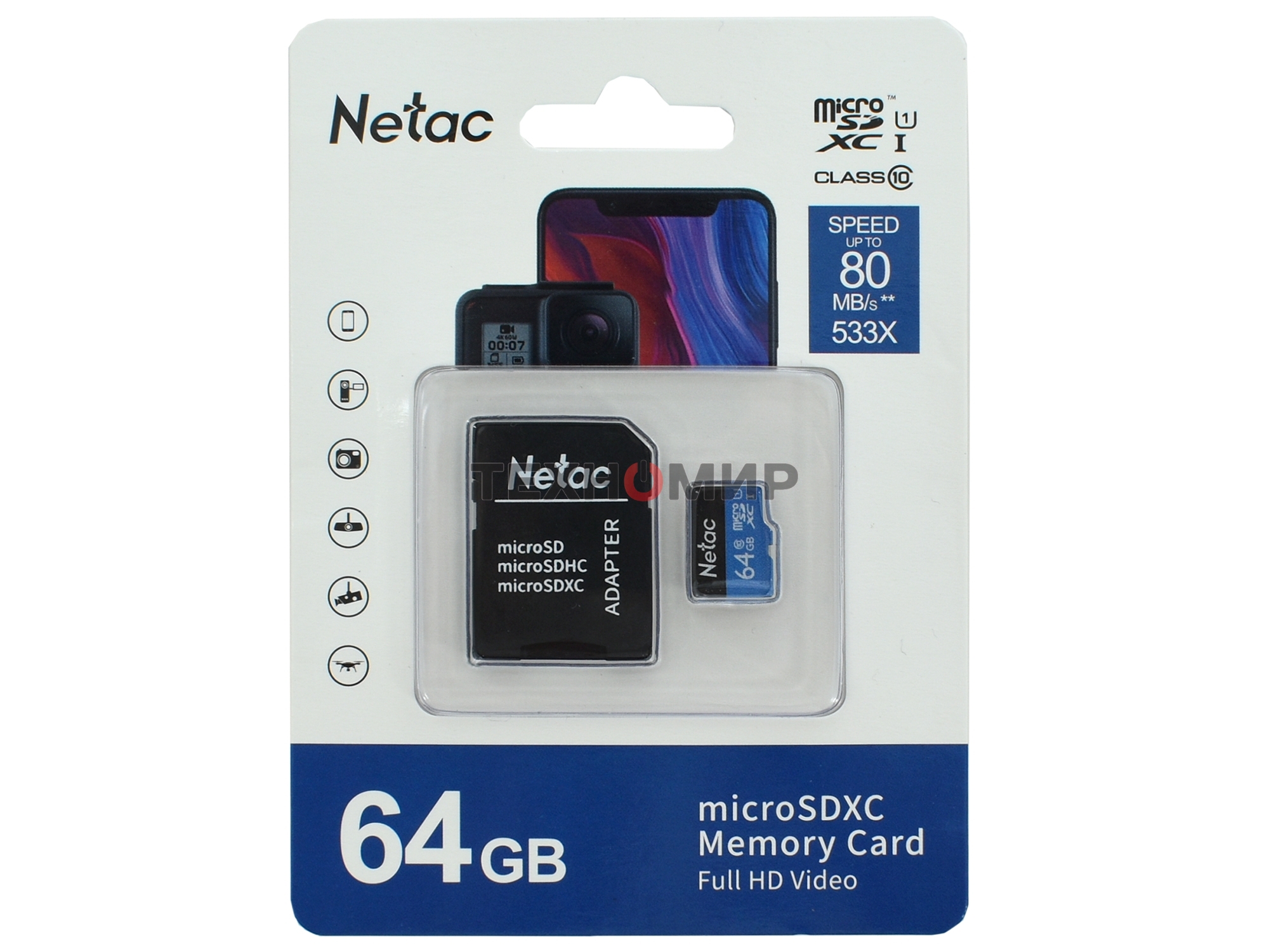 Флеш карта microSDHC 64Gb Netac P500 NT02P500STN-064G-R (с SD адаптером) 80Mb/s