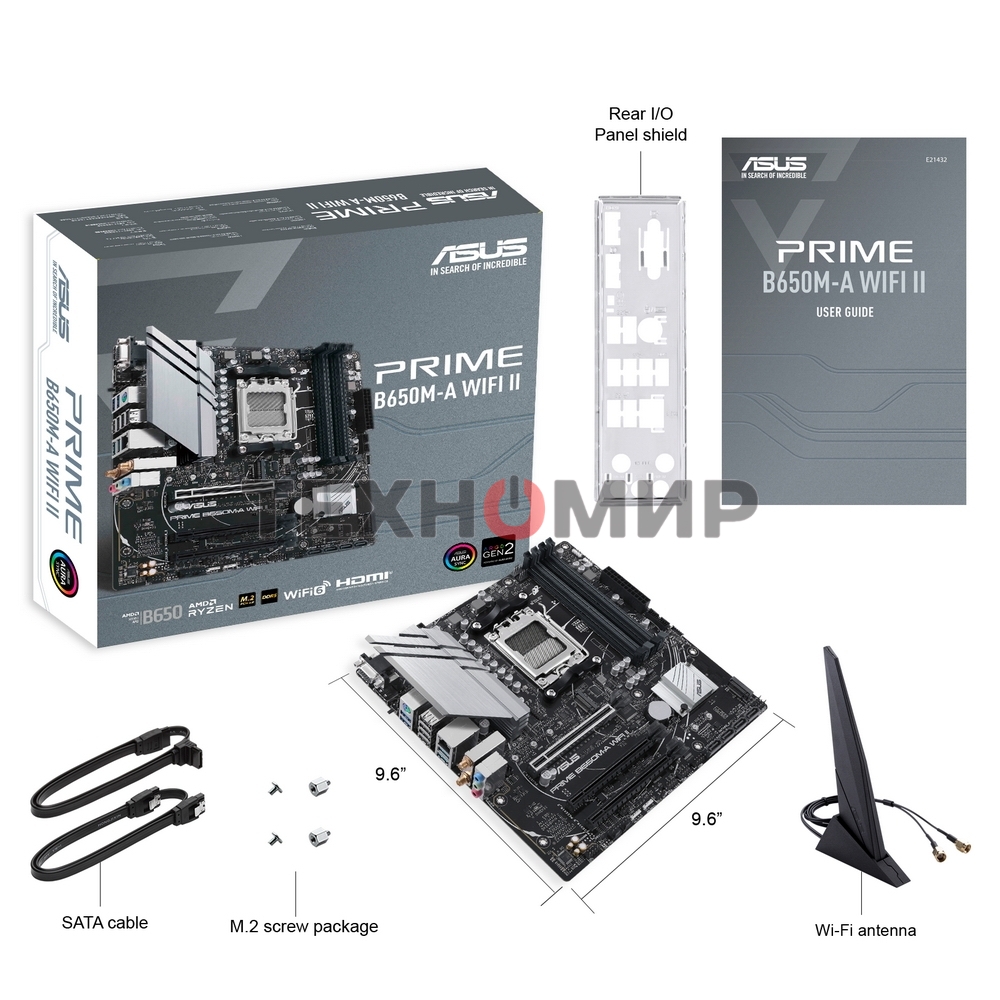 Материнская плата ASUS PRIME B650M-A WIFI II, AM5, AMD B650, 4xDDR5, 4xSATA, 2xM.2, 1xPCI-E 4.0 x16, 2xPCI-E 4.0 x1, 1xHDMI, 1xDP, 1xVGA, 1x 2.5Gb LAN, 2xUSB-A 3.2 Gen 2, 2xUSB-A 3.2 Gen 1, 4xUSB-A 2.0, 3x3.5 мм, 7.1, Micro-ATX