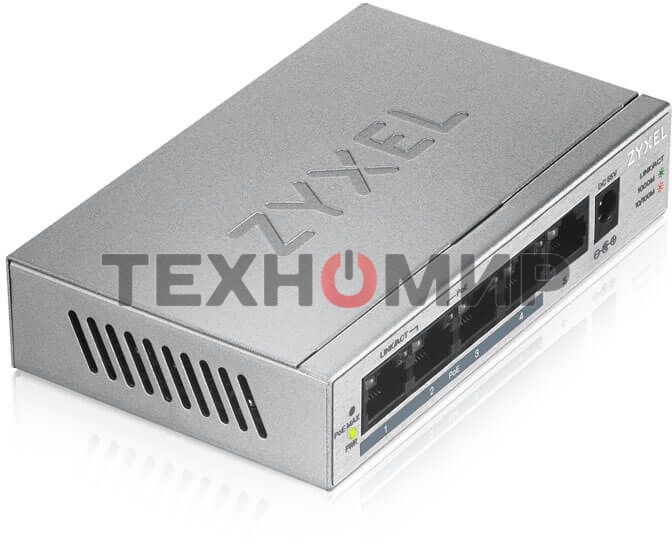 Коммутатор Zyxel GS1005HP Switch PoE +, 5xGE (4xPoE +), desktop, metal, silent, PoE budget 60 W