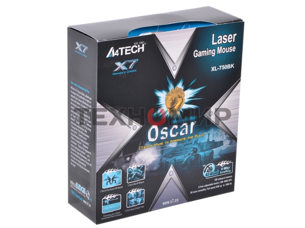 Мышь проводная A4Tech XL-750BK черный, 3600 dpi, USB, кнопки - 7