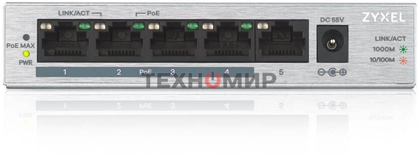 Коммутатор Zyxel GS1005HP Switch PoE +, 5xGE (4xPoE +), desktop, metal, silent, PoE budget 60 W