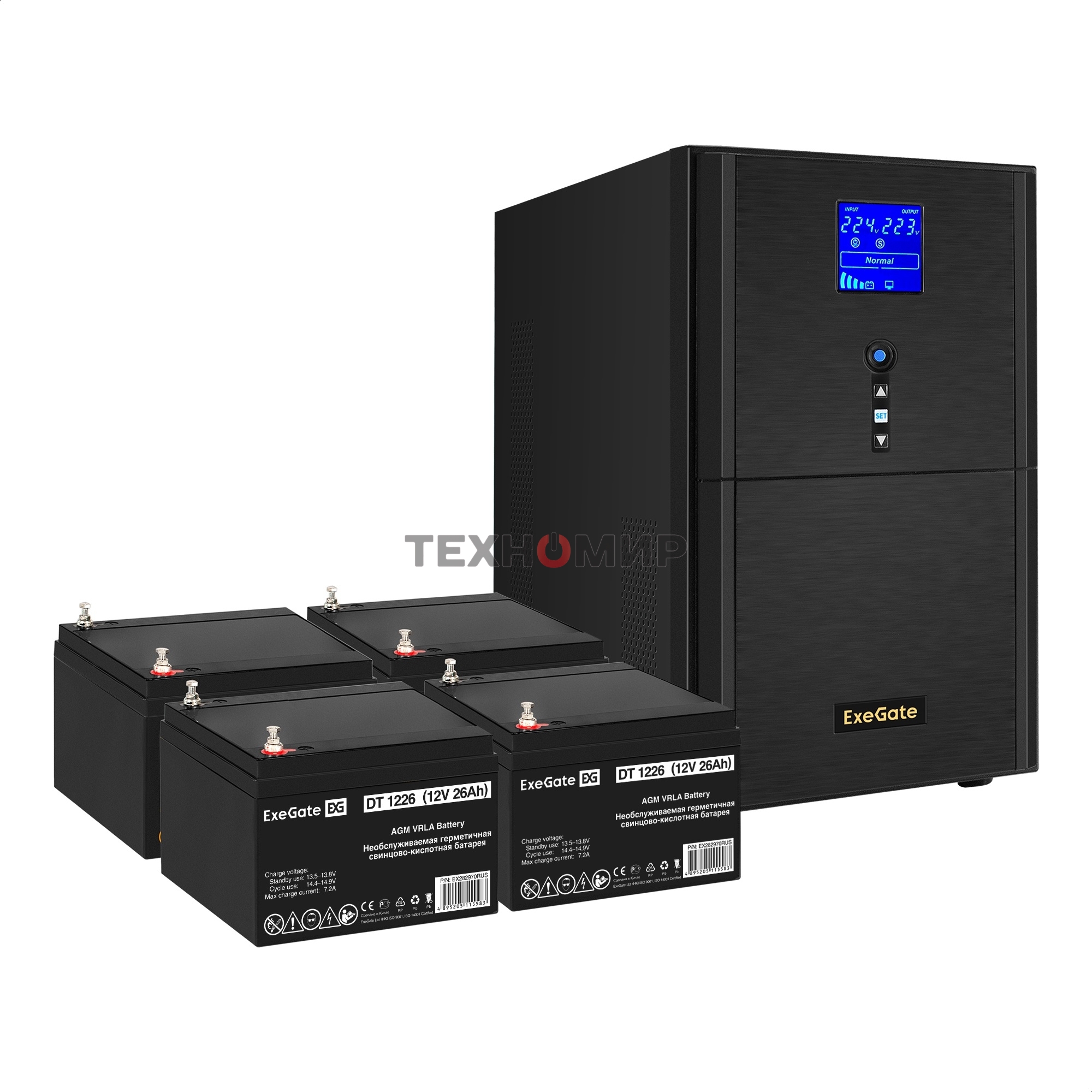 Комплект Источник бесперебойного питания EX295990RUS + батарея 26Aч EX282970RUS 4шт (инвертор, синус, для котла) ExeGate SineTower SZ-3000.LCD.AVR.3SH.1C13.RJ.USB <3000VA/2400W, чистый синусоида, LCD дисплей, AVR, 3*Schuko+1*C13, RJ45/11, USB, линейно-инт