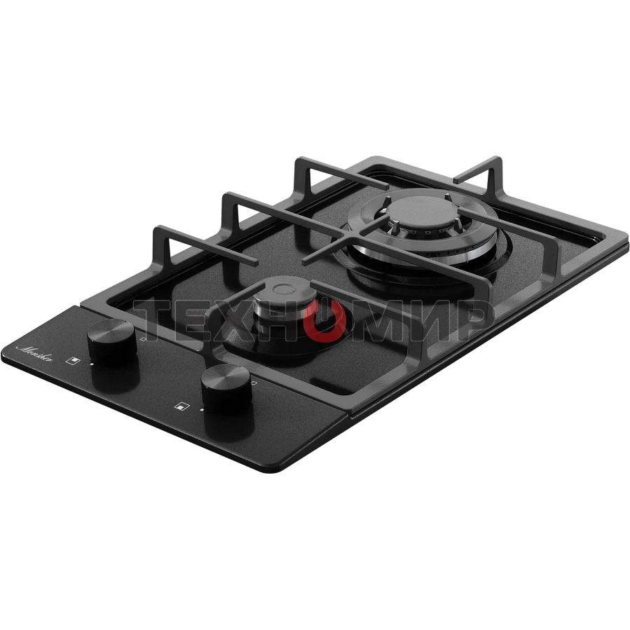 Газовая варочная панель Monsher MSG 33 Noir, газ, High-Tech, 29 см, автоматический электроподжиг, газ-контроль, форсунки под сжиженый газ, SABAF конфорки, чугунные решетки, черный
