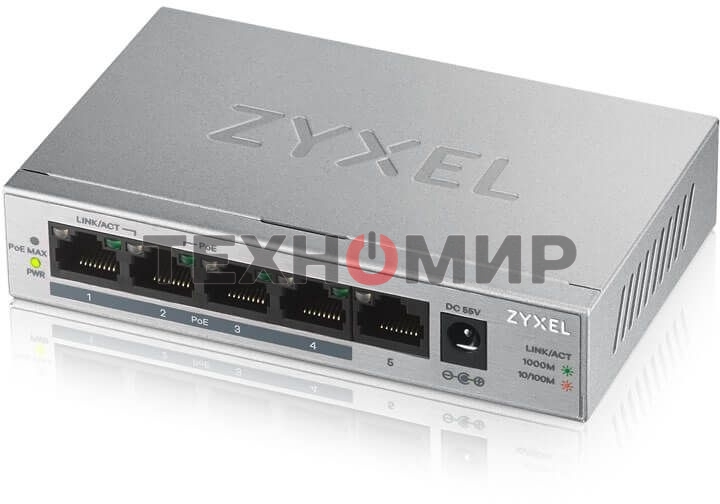 Коммутатор Zyxel GS1005HP Switch PoE +, 5xGE (4xPoE +), desktop, metal, silent, PoE budget 60 W